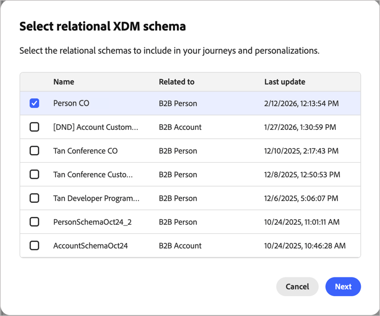 ​ selecteer een relationeel schema in de dialoog ​