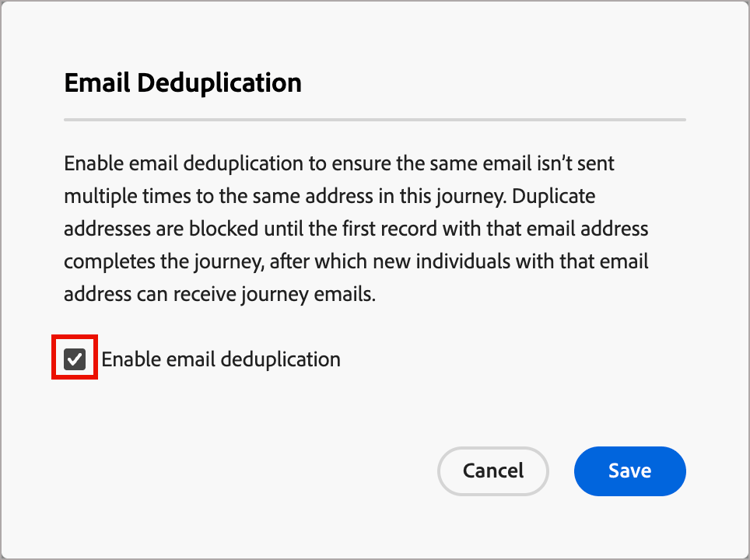 ​ de dialoog van de Deduplicatie E-mail met toegelaten knevel ​