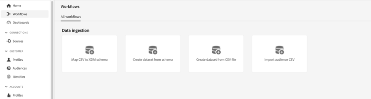 het menu van Werkschemas in Adobe Experience Platform