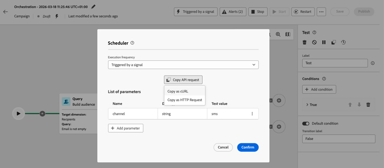 de verzoekoptie van het Exemplaar API in planningsconfiguratie