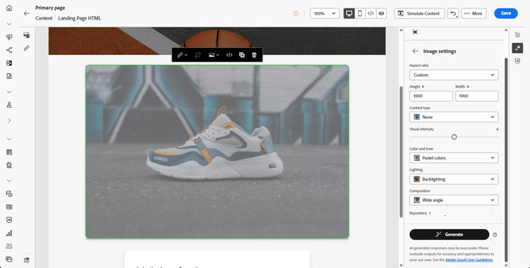 ​ montages van het Beeld voor het landen van pagina met de verhouding, het type van Inhoud, Visuele intensiteit, Kleur en toon, Belichting, en Samenstelling ​