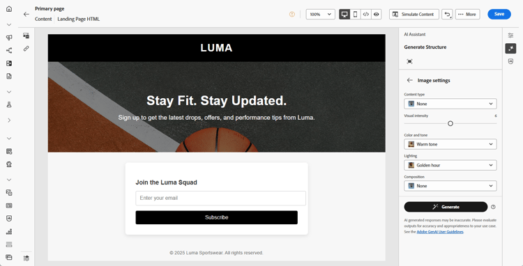 ​ de montagespaneel van het Beeld voor het landen van pagina met inhoudstype, Visuele intensiteit, Kleur en toon, Belichting, en Samenstelling ​