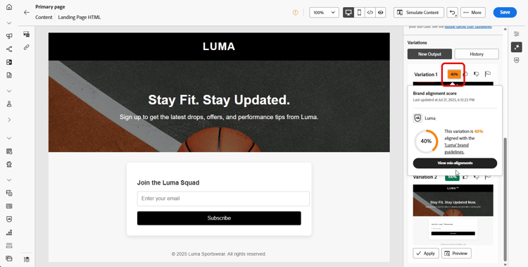 ​ Gegenereerde het landen van paginakwaliteit variaties met het percentageindicator van de Score van de Groot en voorproefcontroles ​