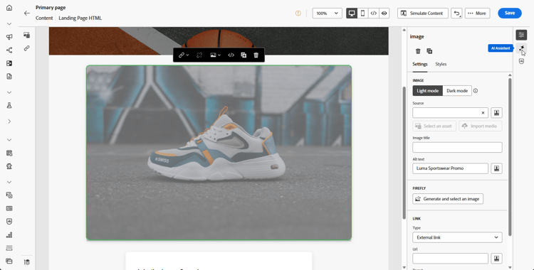 ​ het Landing paginaontwerper met geselecteerde beeldactiva en AI Medewerker die paneel voor beeldgeneratie wordt geopend ​