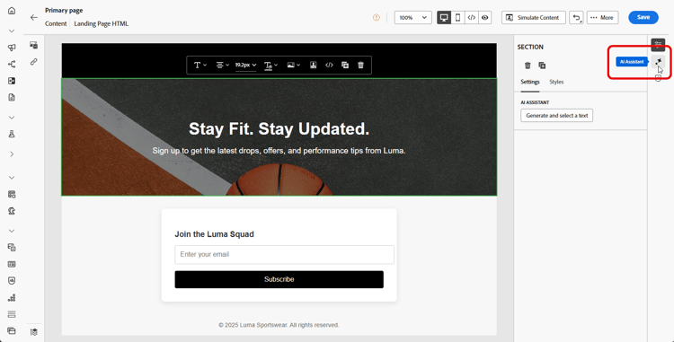 ​ het Bestaan paginaontwerper met de geselecteerde component van de Tekst en AI Medewerker paneel voor tekstgeneratie ​