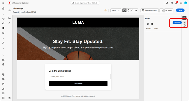 ​ het Landing paginaontwerper met AI Medewerker die voor de volledige generatie van de paginacontent wordt geopend ​