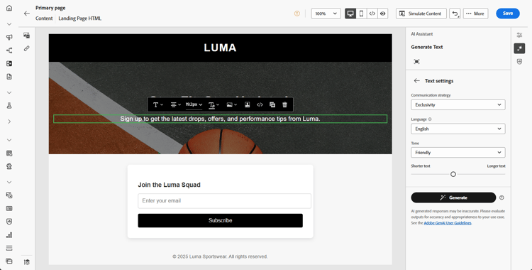 ​ montages van de Tekst voor het landen van pagina met Communicatie strategie, Talen, Toon, en de schuif van de Lengte van de Tekst ​