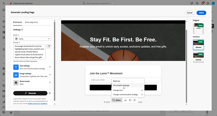 ​ verfijnen menu voor het landen van pagina die Rephrase, Gebruik eenvoudigere taal met toon en Communicatie strategiedropdowns ​