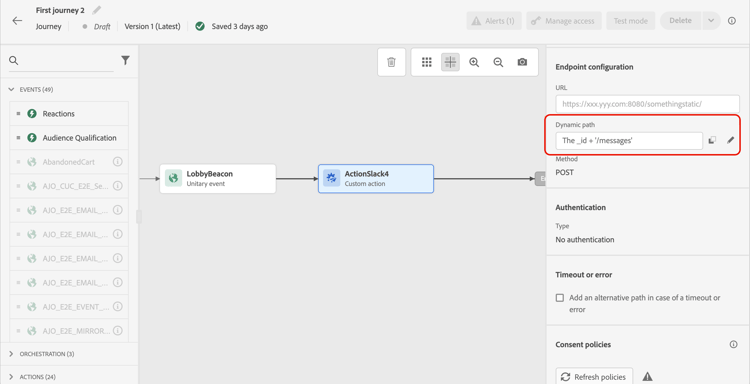 de actieURL configuratie van de Douane met dynamische parameterafbeelding