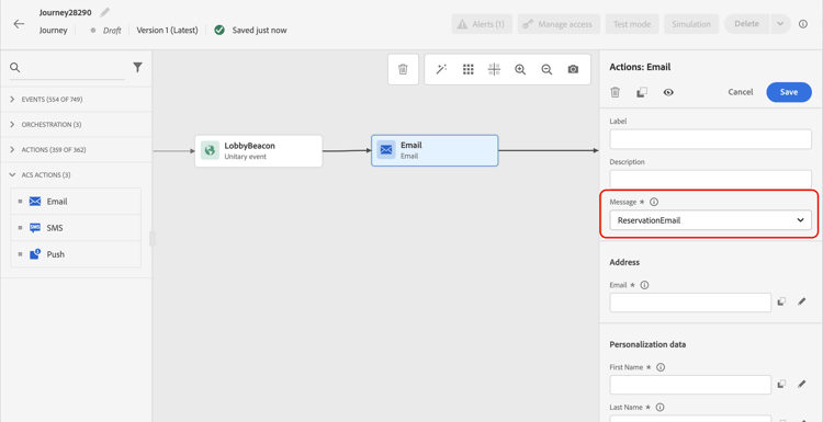 de actieconfiguratie van Adobe Campaign Standard in reis