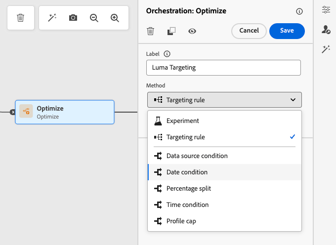 ​ het richten regelselectie in Optimize activiteit ​