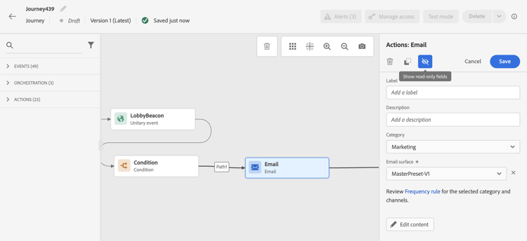 de configuratieruit van de Activiteit met Show read-only gebiedsoptie