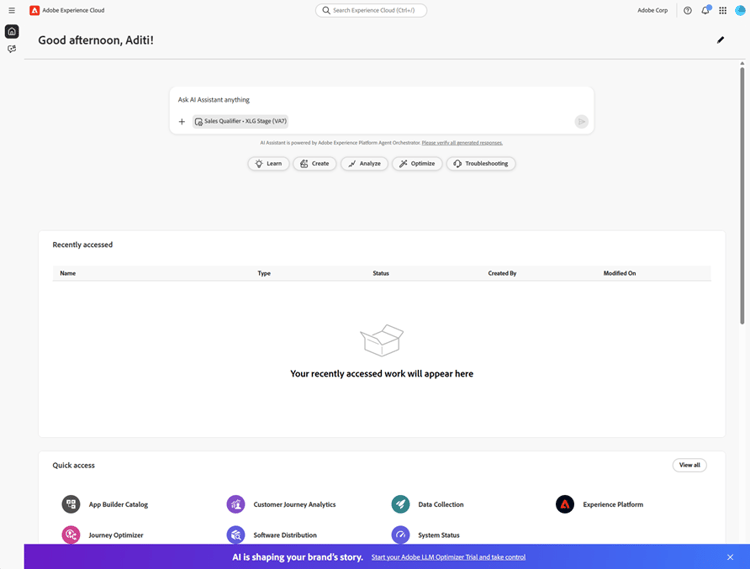 Experience Cloud homepage met Begin uw banner van het Proefabonnement van Adobe LLM Optimizer