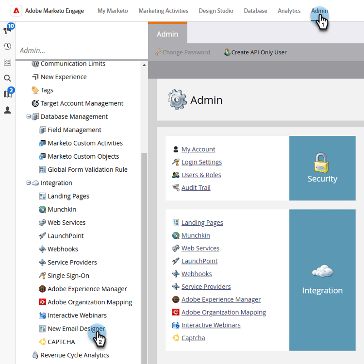 ​ Selecterend Nieuwe E-mail Designer in de linkernav van Admin ​