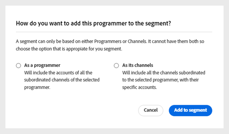 Segmentcomponent toevoegen als programmeur of zijn kanalen