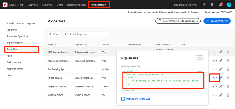 Haal het token Property op via de Adobe Target-interface