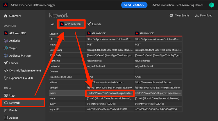 vraag van het Netwerk in debugger van Adobe Experience Platform