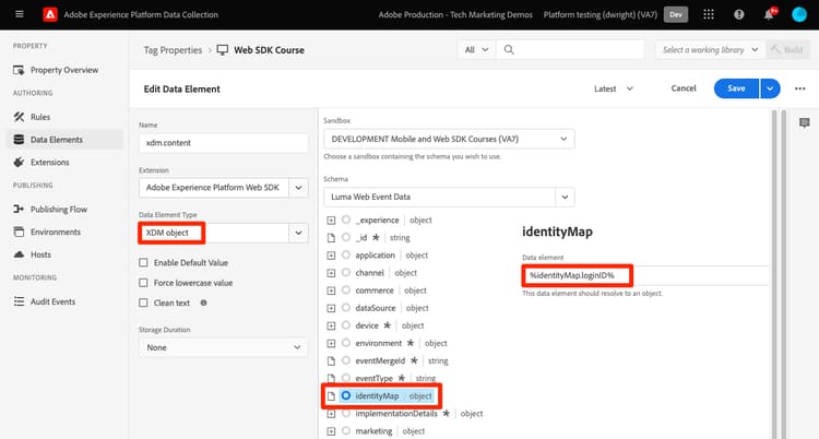 Identity Map data element used in XDM object data element