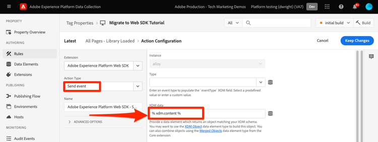 Including an XDM object data element in a Send event