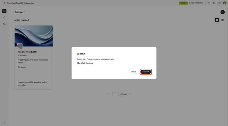 ​ Connect dialoog met de getoonde samenwerkingsdetails en de Connect optie benadrukte.