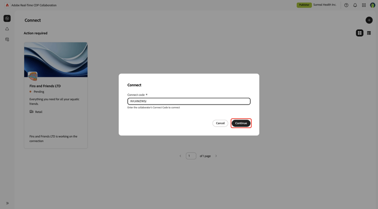 ​ het Connect dialoog met Connect codegebied wordt gevuld en de Continue optie benadrukte.