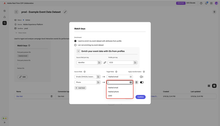 ​ dropdown menu dat alle beschikbare doelgebieden toont om met het nieuwe brongebied in kaart te brengen.