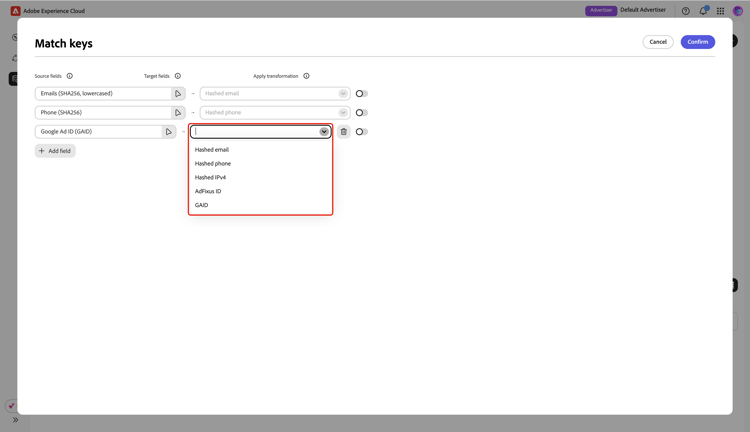 ​ dropdown menu dat alle beschikbare doelgebieden toont om met het nieuwe brongebied in kaart te brengen.