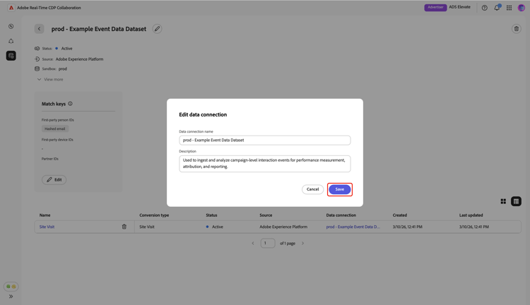 ​ de Edit dialoog van de gegevensverbinding met sparen benadrukte optie.
