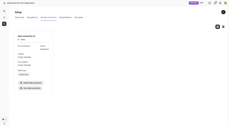 het Mijn lusje van gegevensverbindingen die de Amazon S3 gegevensverbinding met het bronstatusinformatie tonen.