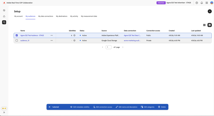 ​ De Mijn mening van de publiek lijst die twee publiek toont — één uit Adobe Experience Platform en één uit de Opslag van de Wolk van Google wordt voortgebracht — met één geselecteerde rij gebruikend checkbox, onthullend een bodemtoolbar met opties om meta-gegevenszicht uit te geven, verbindingstoegang, Edit naam en beschrijving, geef categorieën uit, en schrap uit.