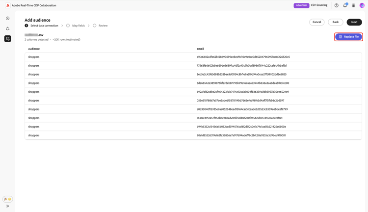 selecteer de Replace dossieroptie om een verschillend Csv- dossier te uploaden.