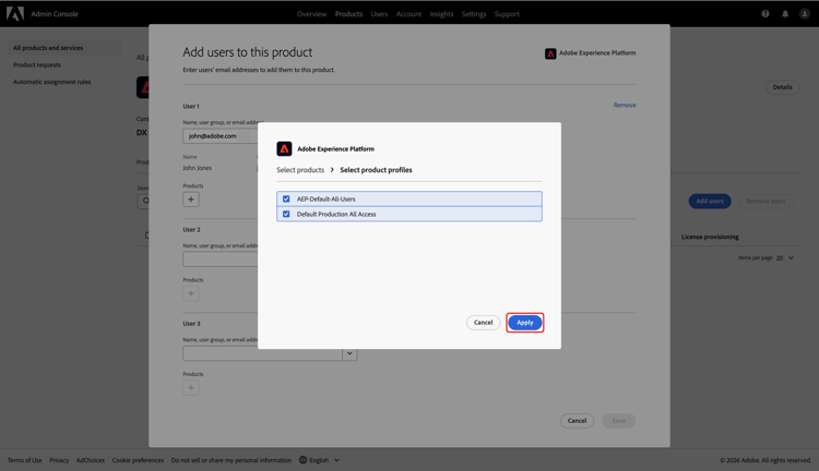 ​ de Uitgezochte dialoog van productprofielen toont de geselecteerde productprofielen en de Apply optie benadrukte.