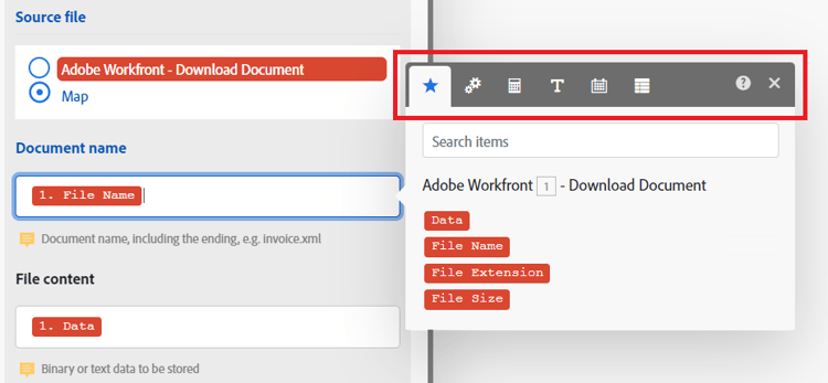 de toolbar van Functies