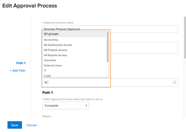 Edit Approval Process venster met uitgevouwen groepsveld