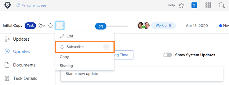 Subscribe in taakmenu