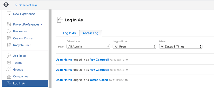 Access Log tab op Log In As page