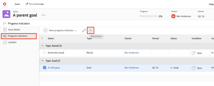 Een schermafbeelding van de optie Remove alignment in Workfront Goals
