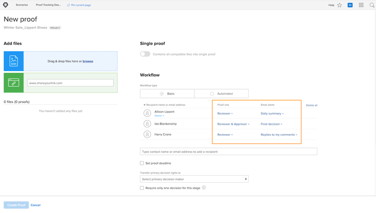 een beeld van het New Proof venster met de Proof role en Email alerts benadrukte kolommen.