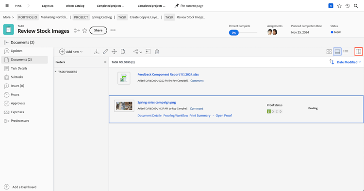 een beeld van de Documents sectie van een project met geselecteerde proef.