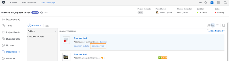 een beeld van het Documents gebied in een Workfront project met Generate Proof benadrukte.