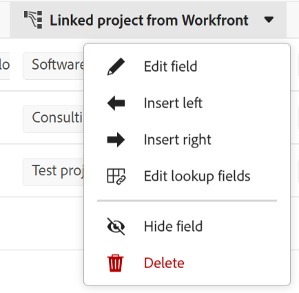 geef gebied en raadplegingsgebieden drop-down menu in lijstkolom uit