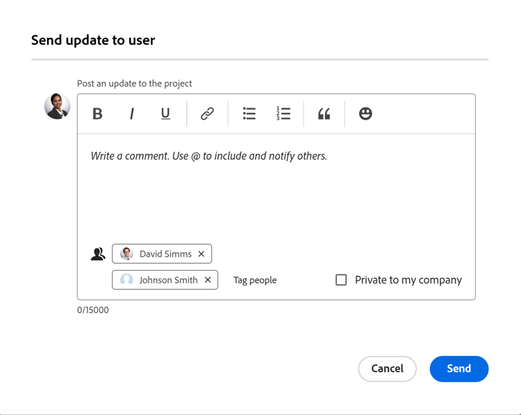 verzendt update naar gebruikersdoos op project