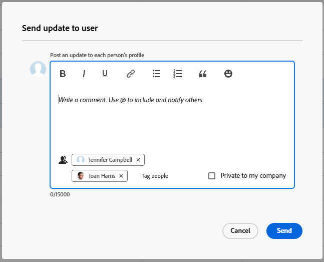 gebruiker van het Bericht op Send update aan gebruikersvenster