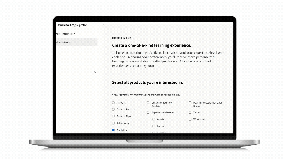 Startpagina van de Experience League-cursussen