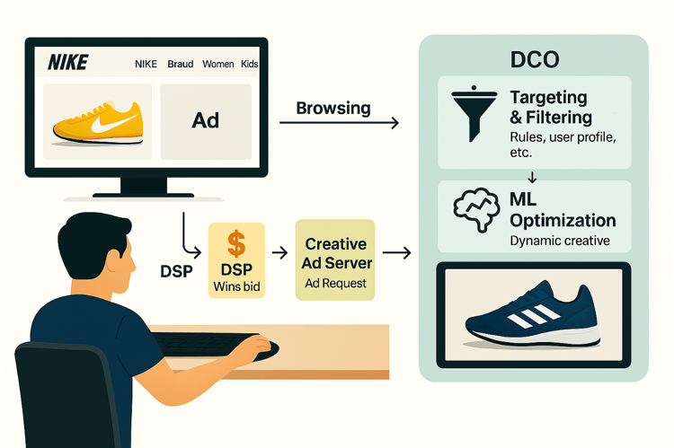 Afbeelding 1: van binnenhalen tot targeting, productselectie, ML-optimalisatie en uiteindelijke advertentieweergave.
