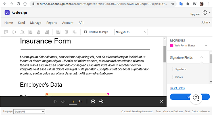 Captura de tela do ambiente de criação do formulário do Acrobat Sign