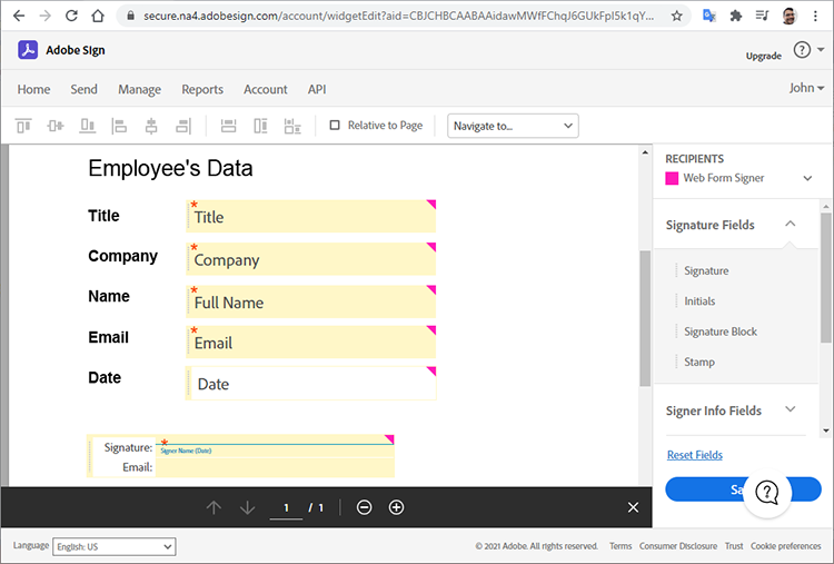 Captura de tela do ambiente de criação de formulários do Acrobat Sign com campos de formulário adicionados