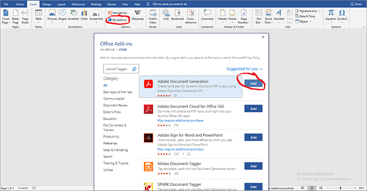 Captura de tela de como adicionar o Document Generation Tagger da Adobe no Word