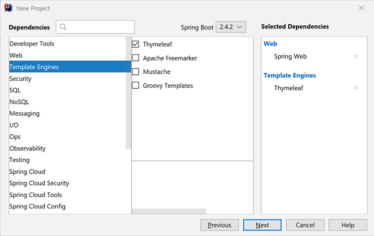 Captura de tela para adicionar Spring Web e Thymeleaf