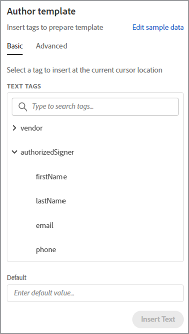 Captura de tela de tags de texto no suplemento de geração de documento